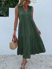 Women's Elegant Summer Dress Sleeveless V-Neck Tiered Flowy Midi Button Front