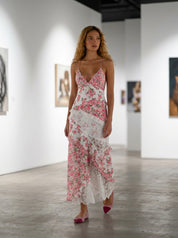 Women's Floral Maxi Dress  Spaghetti Strap V-Neck Lace Ruffle Tiered Long Dress