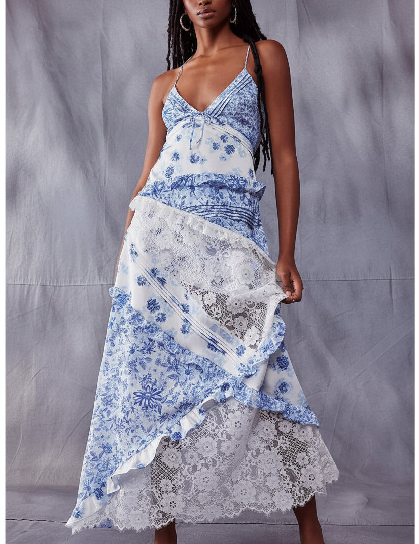 Women's Floral Maxi Dress  Spaghetti Strap V-Neck Lace Ruffle Tiered Long Dress