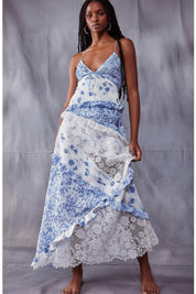 Women's Floral Maxi Dress  Spaghetti Strap V-Neck Lace Ruffle Tiered Long Dress