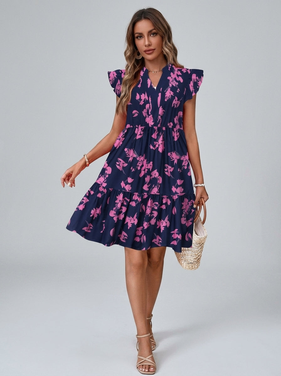 Women's Floral Ruffle Sleeve Tiered Mini Dress  Bohemian V-Neck