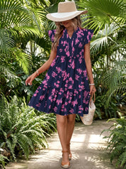 Women's Floral Ruffle Sleeve Tiered Mini Dress  Bohemian V-Neck