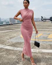 Women's Ruched Bodycon Maxi Dress Sleeveless Back Slit Evening Dress