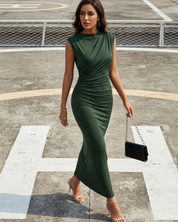 Women's Ruched Bodycon Maxi Dress Sleeveless Back Slit Evening Dress