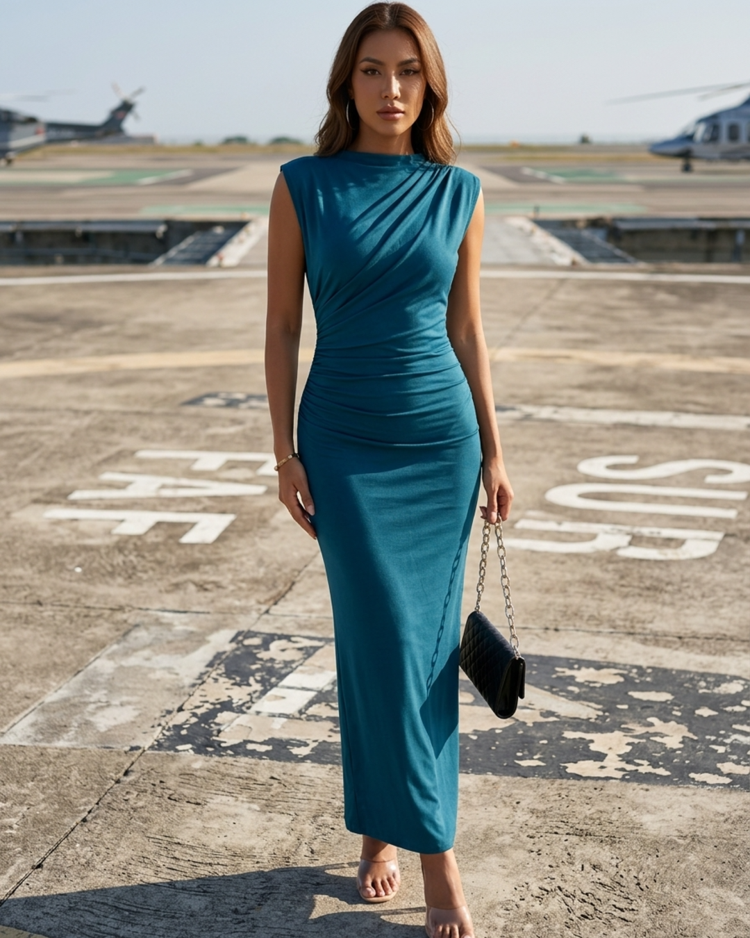 Women's Ruched Bodycon Maxi Dress Sleeveless Back Slit Evening Dress