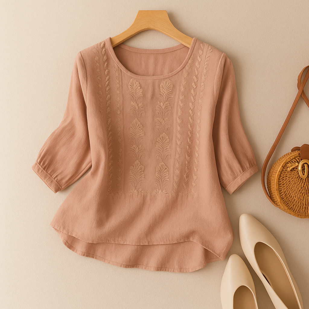 Women's Chic Effortless Embroidered Summer Blouse with Round Neckline