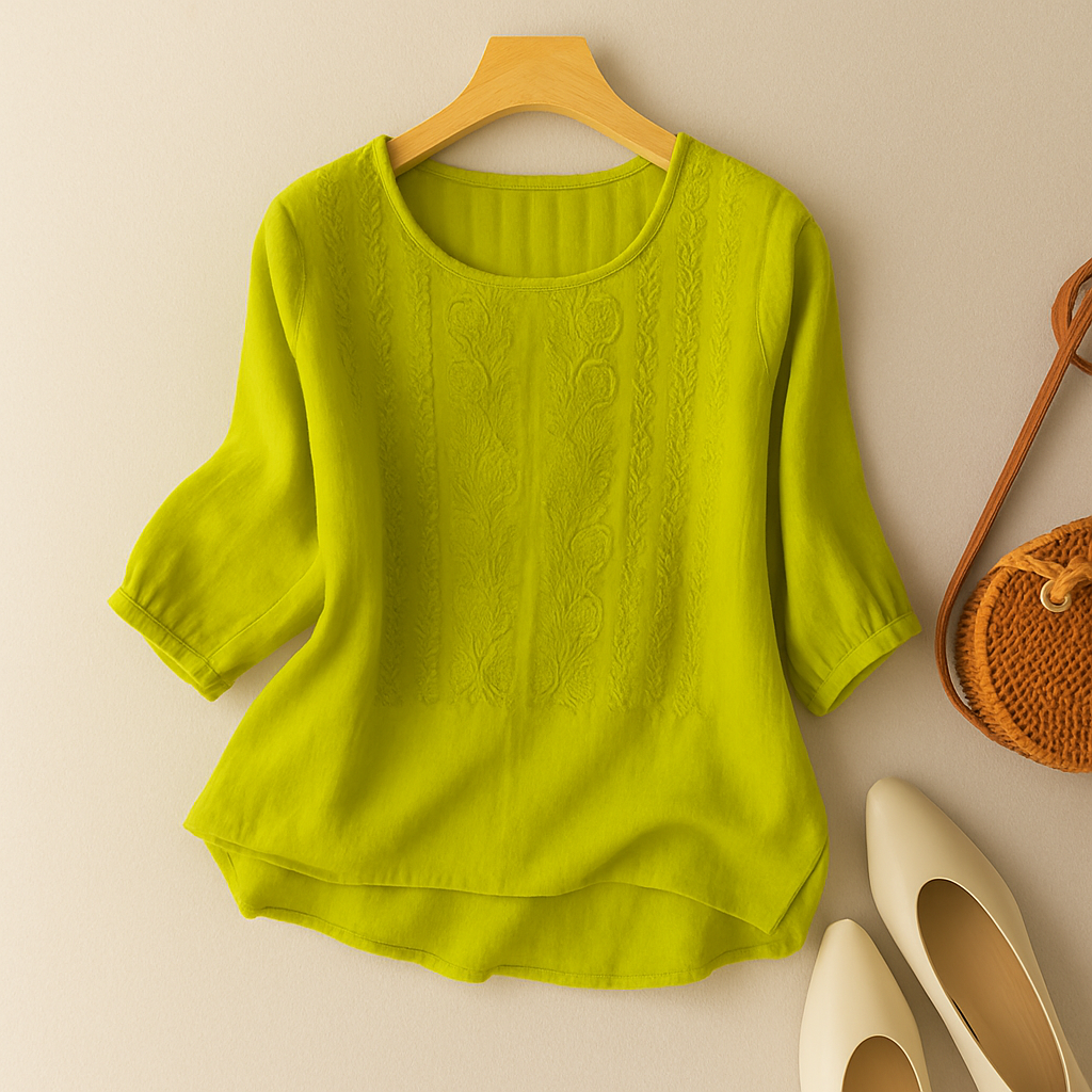 Women's Chic Effortless Embroidered Summer Blouse with Round Neckline