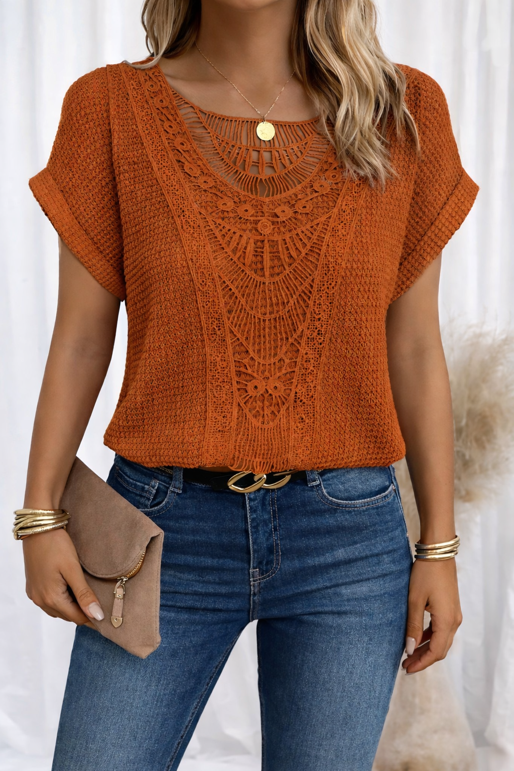 Women's Casual Airy Summer Top with Lace Trim