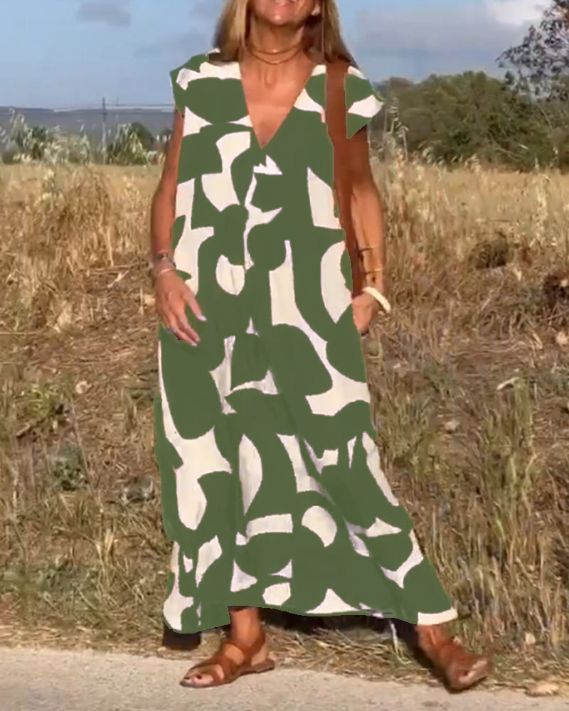 Women's Abstract Print Relaxed Midi Dress V-Neck Short Sleeve Casual Loose Fit