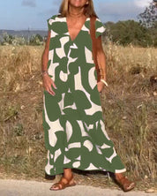 Women's Abstract Print Relaxed Midi Dress V-Neck Short Sleeve Casual Loose Fit