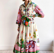 Women's Floral Print Balloon Sleeve Belted Shirt Maxi Dress Button-Down