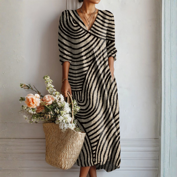 Women's Abstract Wave Print Maxi Dress V-Neck Long Sleeve Casual Loose Fit