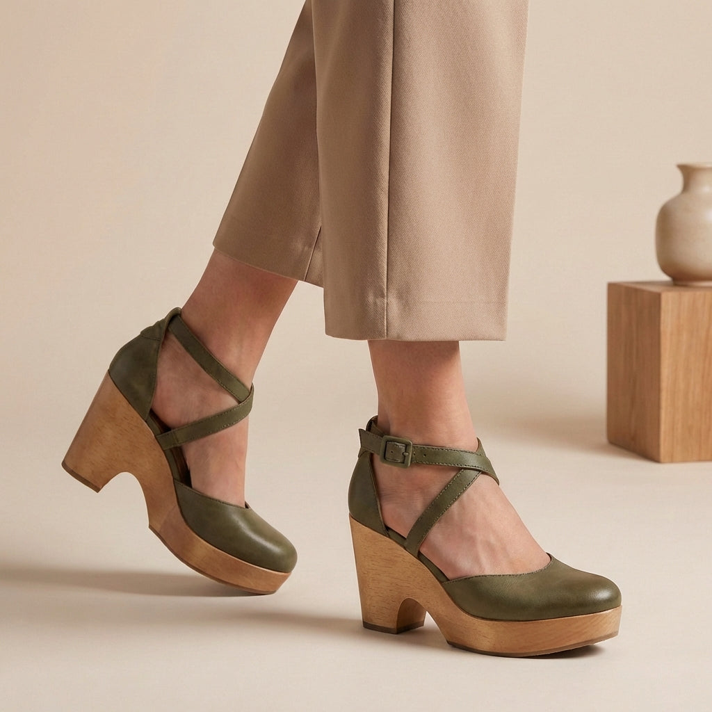 Women's Chic Artisanal Closed-Toe Wood Platform Wedges