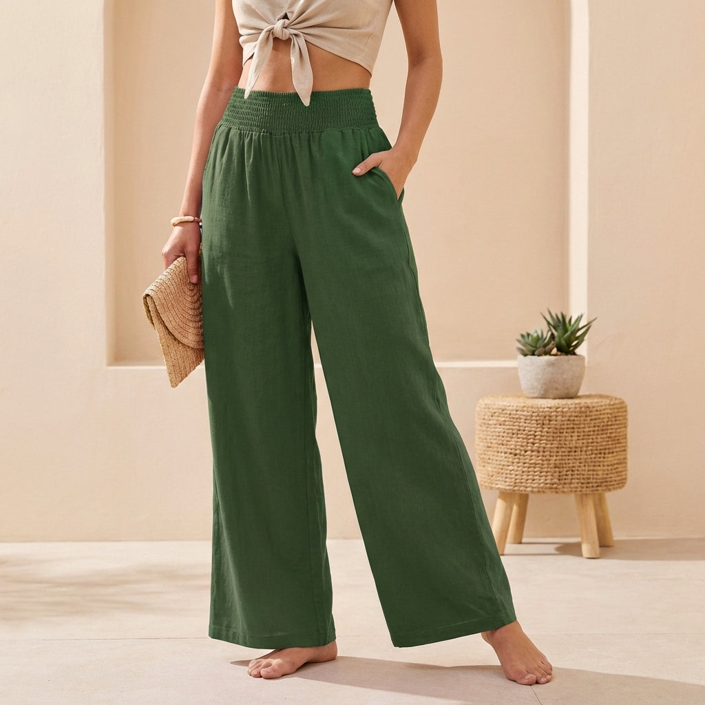 Women's Flowy Wide-Leg Pants with Smocked Waistband