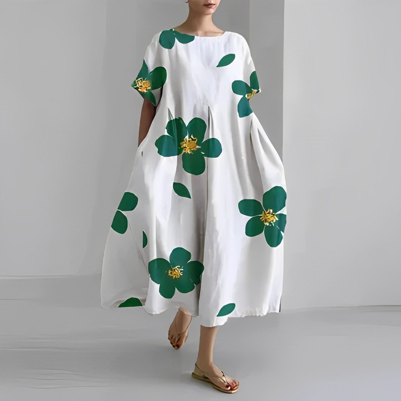 Women's Vibrant Floral Print Boxy Dress Oversized Casual Midi Short Sleeve