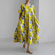 Women's Vibrant Floral Print Boxy Dress Oversized Casual Midi Short Sleeve
