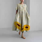 Women's Vibrant Floral Print Boxy Dress Oversized Casual Midi Short Sleeve