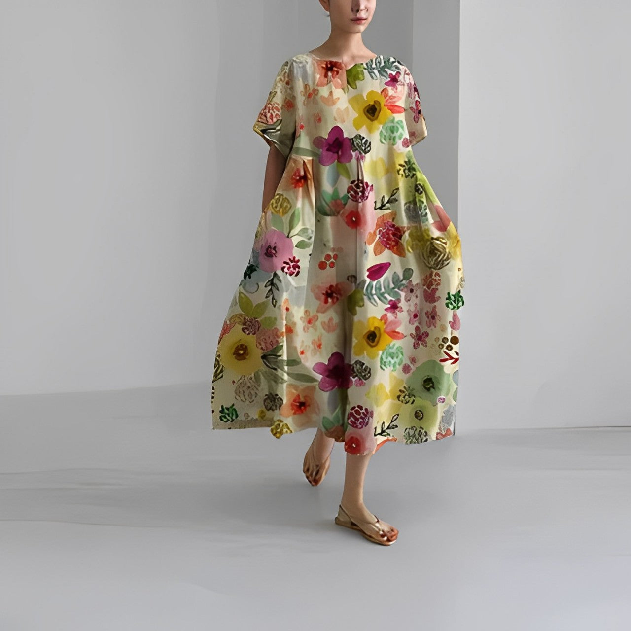 Women's Vibrant Floral Print Boxy Dress Oversized Casual Midi Short Sleeve