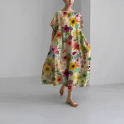 Women's Vibrant Floral Print Boxy Dress Oversized Casual Midi Short Sleeve