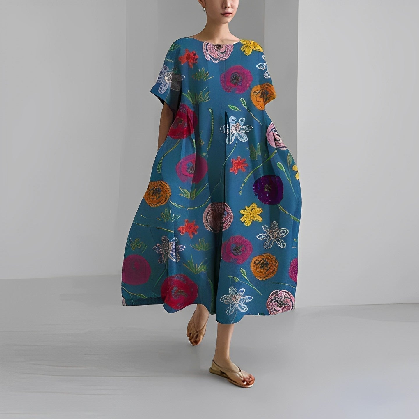 Women's Vibrant Floral Print Boxy Dress Oversized Casual Midi Short Sleeve