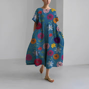 Women's Vibrant Floral Print Boxy Dress Oversized Casual Midi Short Sleeve