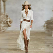 Women's Ruched Boho Button Down Maxi Dress Long Sleeve Flowy High-Low Split