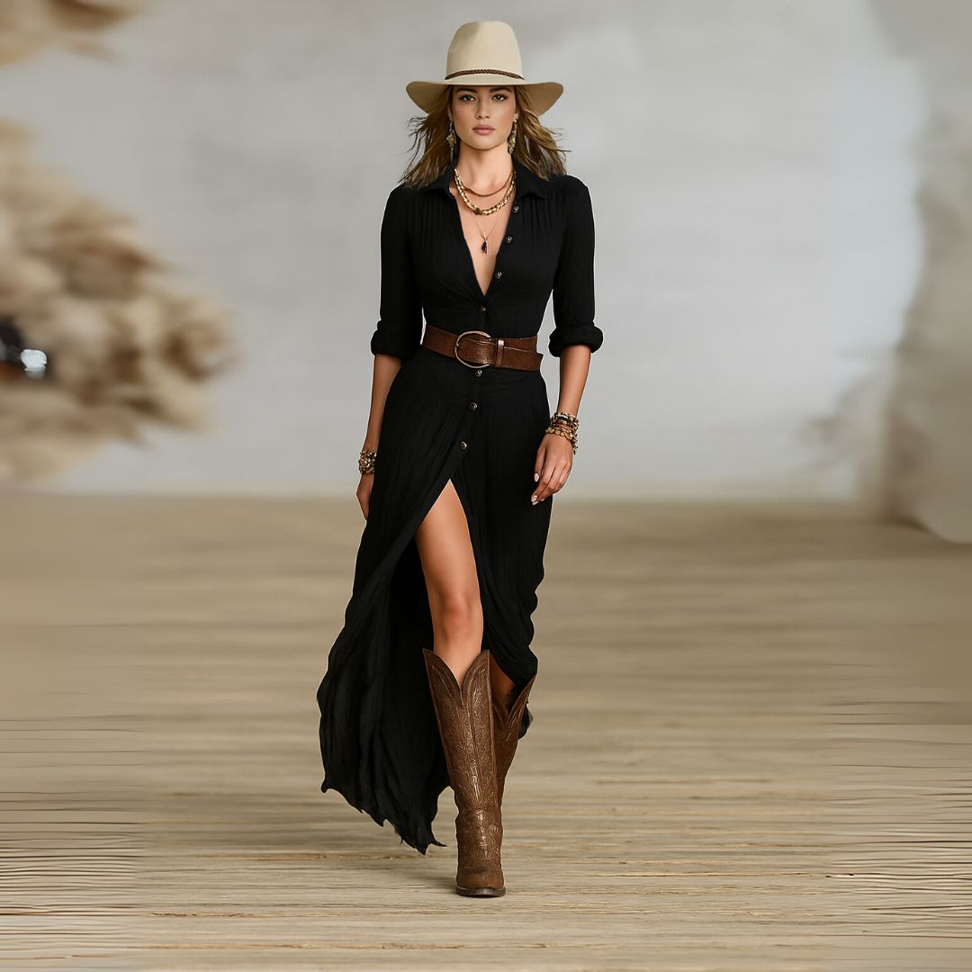 Women's Ruched Boho Button Down Maxi Dress Long Sleeve Flowy High-Low Split