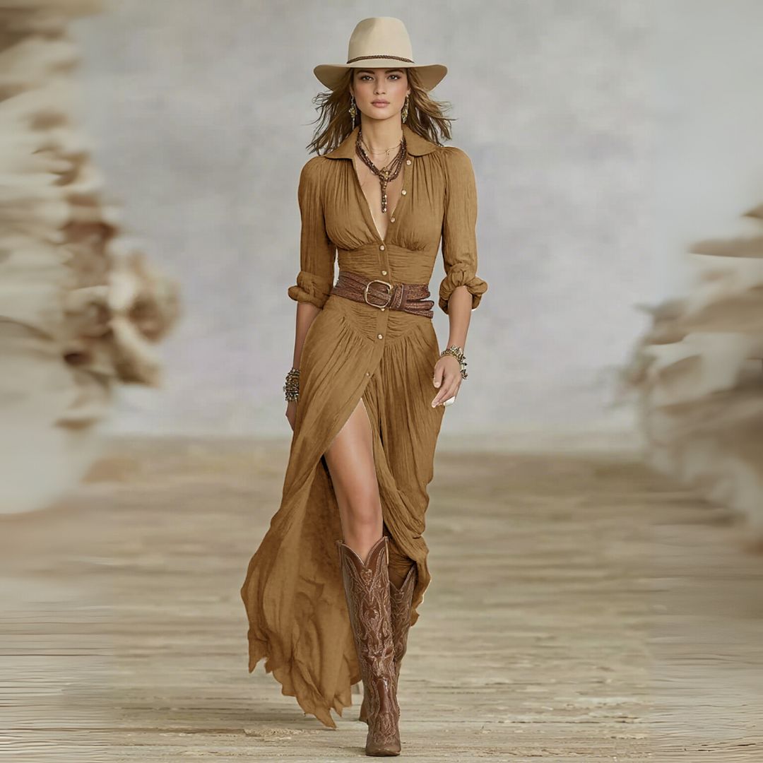 Women's Ruched Boho Button Down Maxi Dress Long Sleeve Flowy High-Low Split
