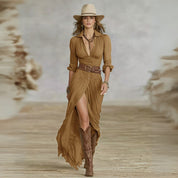 Women's Ruched Boho Button Down Maxi Dress Long Sleeve Flowy High-Low Split