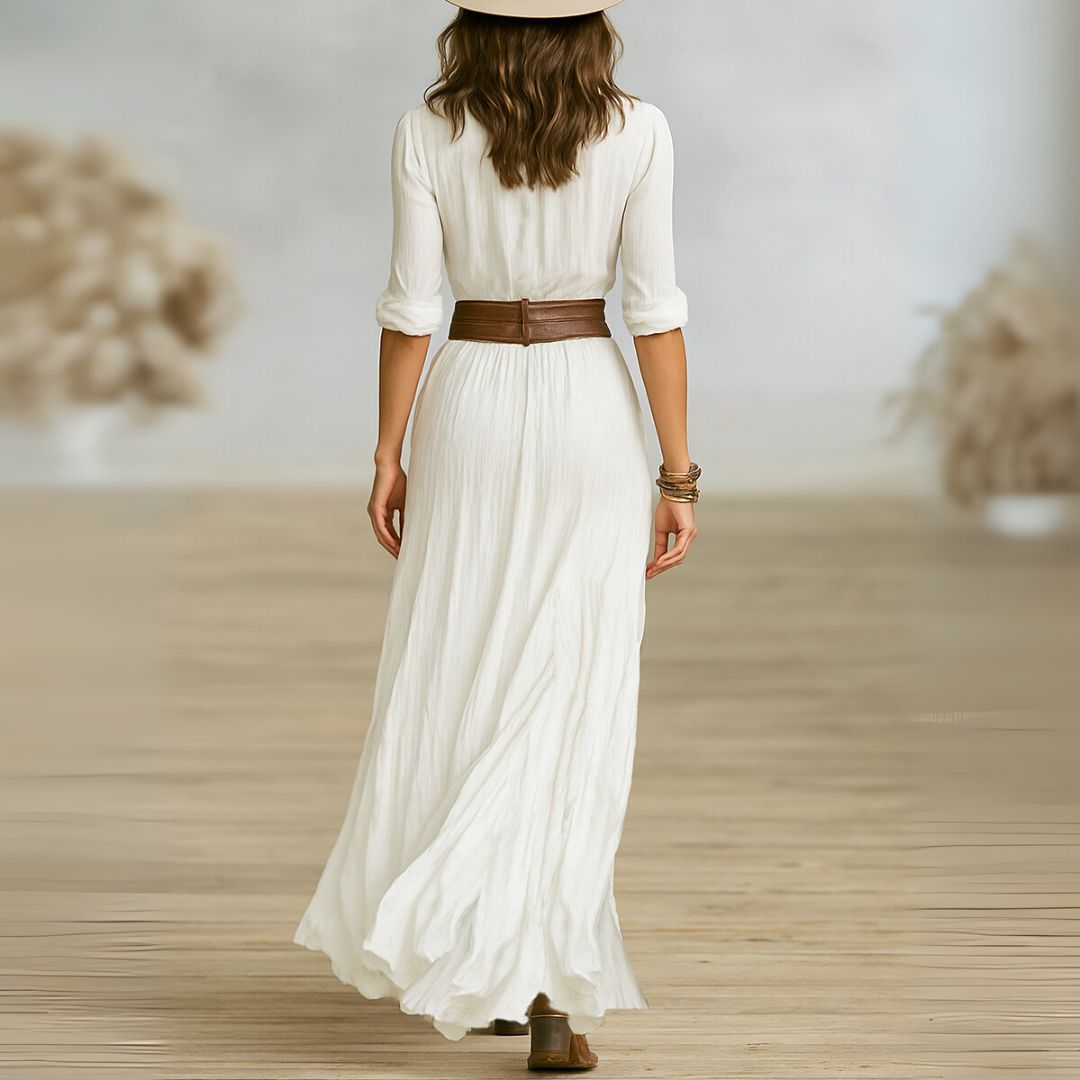 Women's Ruched Boho Button Down Maxi Dress Long Sleeve Flowy High-Low Split
