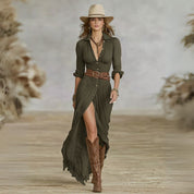 Women's Ruched Boho Button Down Maxi Dress Long Sleeve Flowy High-Low Split