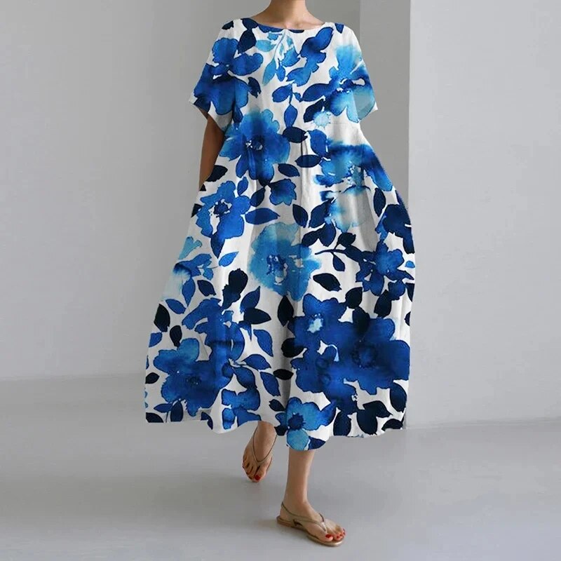 Women's Vibrant Floral Print Boxy Dress Oversized Casual Midi Short Sleeve