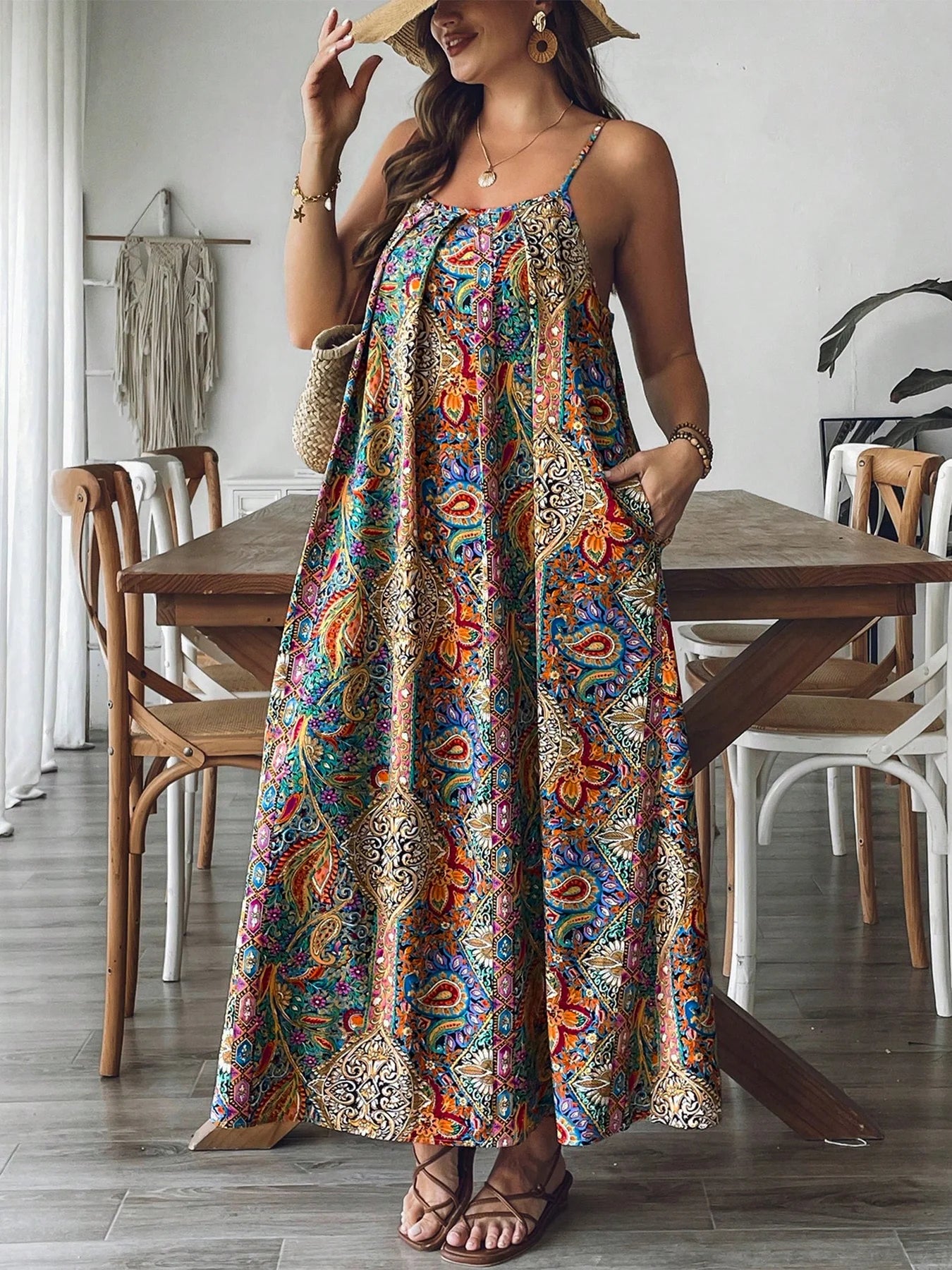 Women's Boho Plus-Size Floral Paisley Flowy Maxi Vacation Dress