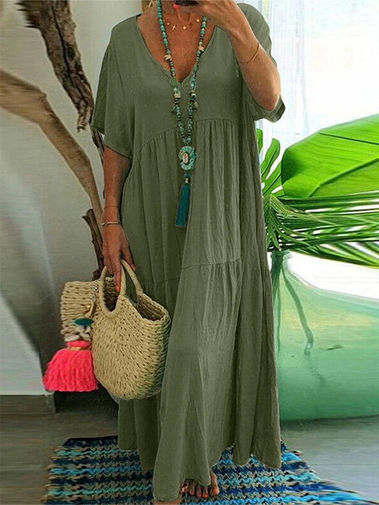 Women's Casual Plus-Size Loose V-Neck Pleated Maxi Dress