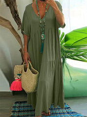 Women's Casual Plus-Size Loose V-Neck Pleated Maxi Dress