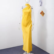 Women's Glamorous Satin Ribbon Halter Backless Off-Shoulder Party Dress