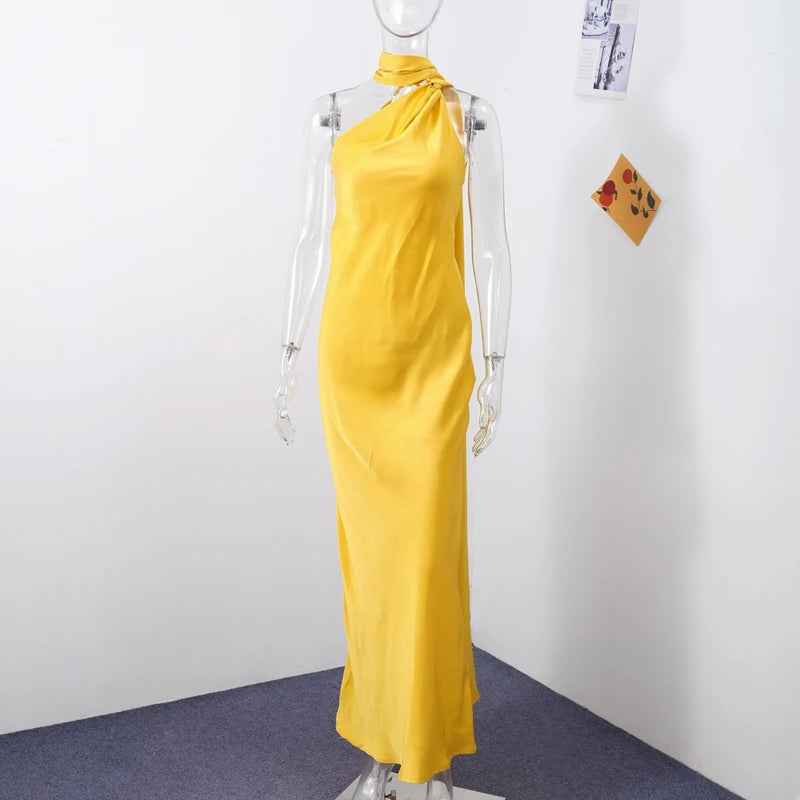 Women's Glamorous Satin Ribbon Halter Backless Off-Shoulder Party Dress