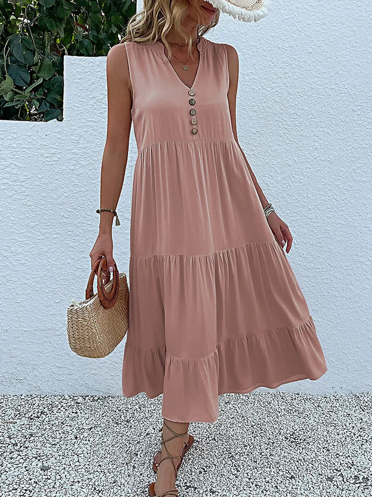 Women's Elegant Summer Dress Sleeveless V-Neck Tiered Flowy Midi Button Front