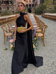 Women's Glamorous Satin Ribbon Halter Backless Off-Shoulder Party Dress