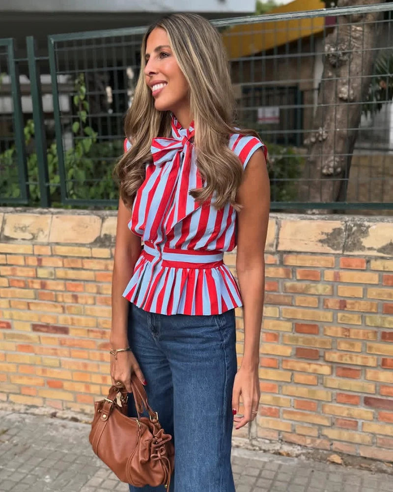 Women's Chic Bowknot Sleeveless Striped Casual Shirt