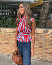 Women's Chic Bowknot Sleeveless Striped Casual Shirt