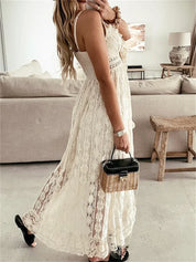 Women's Romantic White Lace V-Neck Flowy Bohemian Maxi Dress