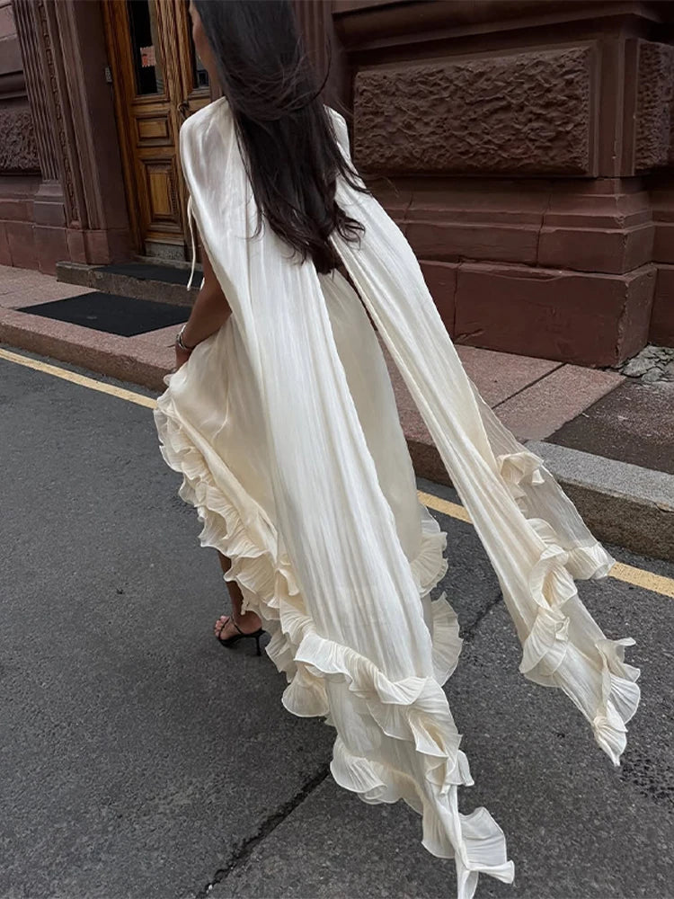 Women's Feminine Lapel V-Neck Ruffle High-Waist Sleeveless Maxi Dress