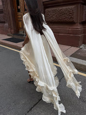 Women's Feminine Lapel V-Neck Ruffle High-Waist Sleeveless Maxi Dress
