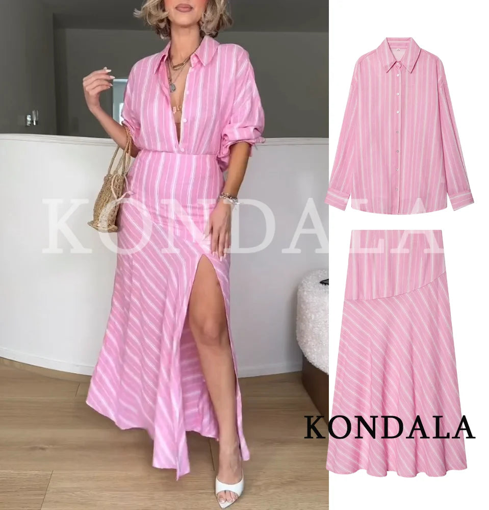 Women's Elegant Pink Striped Loose-Shirt Midi Skirt Set