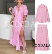 Women's Elegant Pink Striped Loose-Shirt Midi Skirt Set