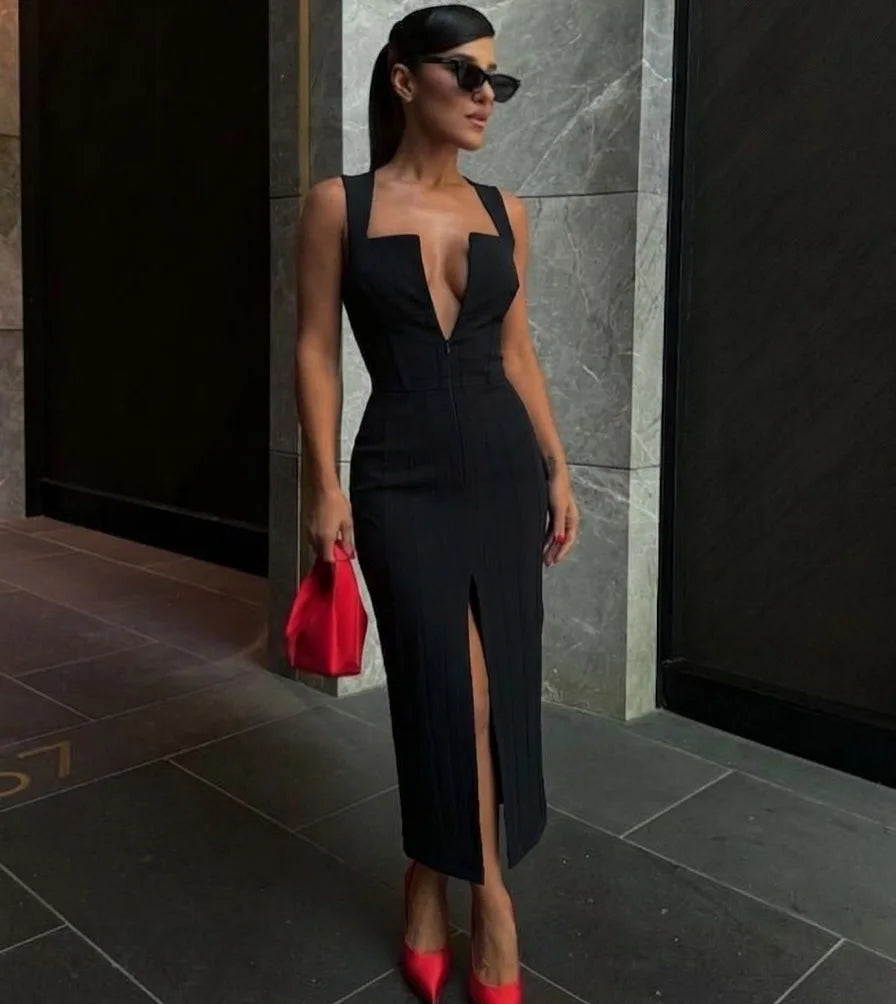 Women's Sleek Square-Neck Zip-Up Split Sleeveless Midi Dress