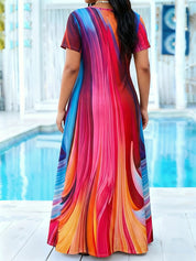 Women's Vibrant Plus-Size Rainbow Swirl-Print Short-Sleeve Maxi Dress