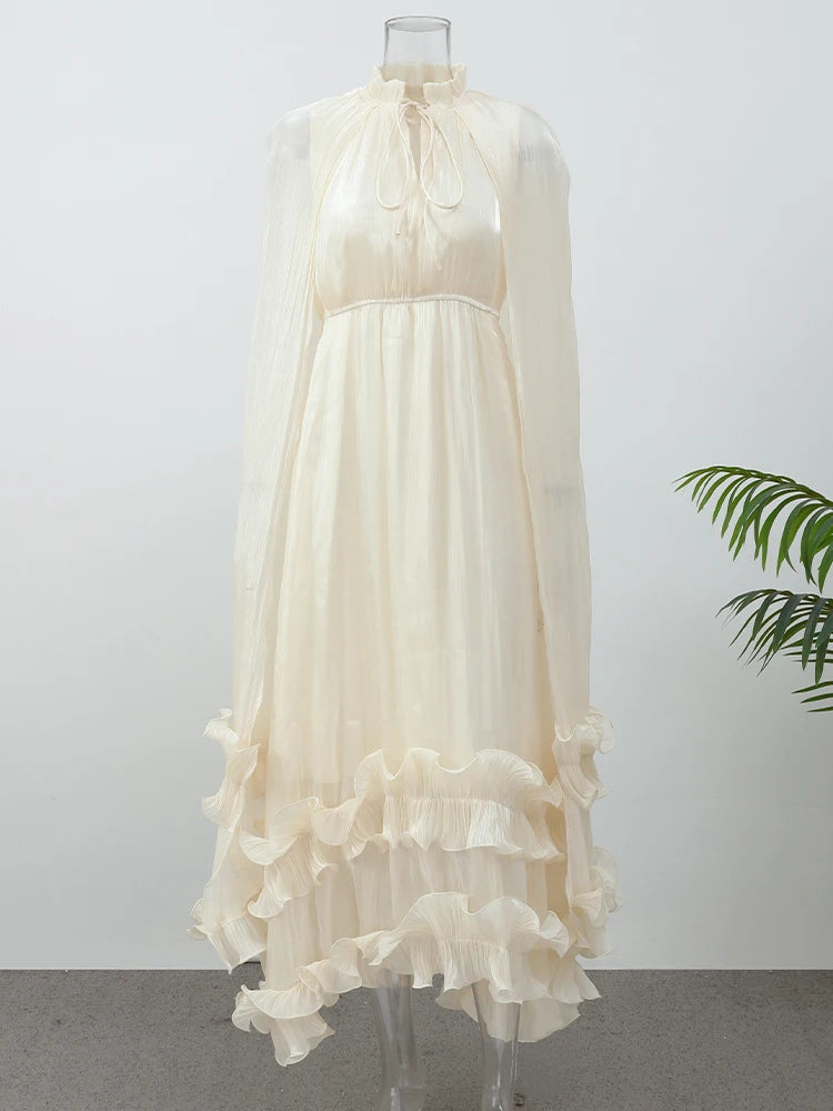 Women's Feminine Lapel V-Neck Ruffle High-Waist Sleeveless Maxi Dress