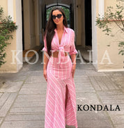 Women's Elegant Pink Striped Loose-Shirt Midi Skirt Set